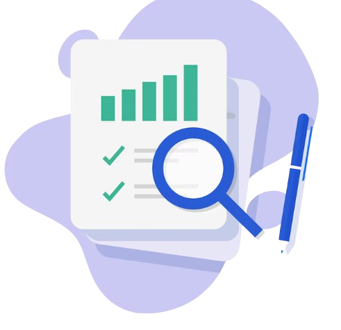 Illustration of a data analytics report with bar chart, checkmarks, magnifying glass, and pen, symbolizing performance review or business analysis