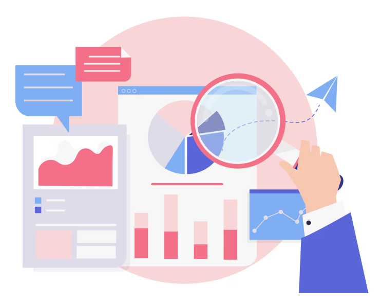 Illustration of a hand holding a magnifying glass analyzing charts and graphs on a dashboard, symbolizing data analysis, business insights, and reporting.