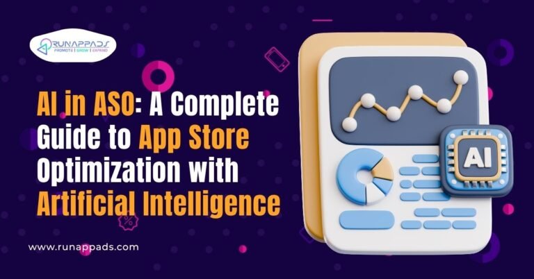 3D illustration of analytics dashboard with AI chip icon, alongside text 'AI in ASO: A Complete Guide to App Store Optimization with Artificial Intelligence' for app marketing.