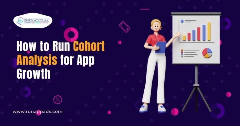 How to Run Cohort Analysis for App Growth graphic by RunAppAds featuring 3D character presenting charts and analytics