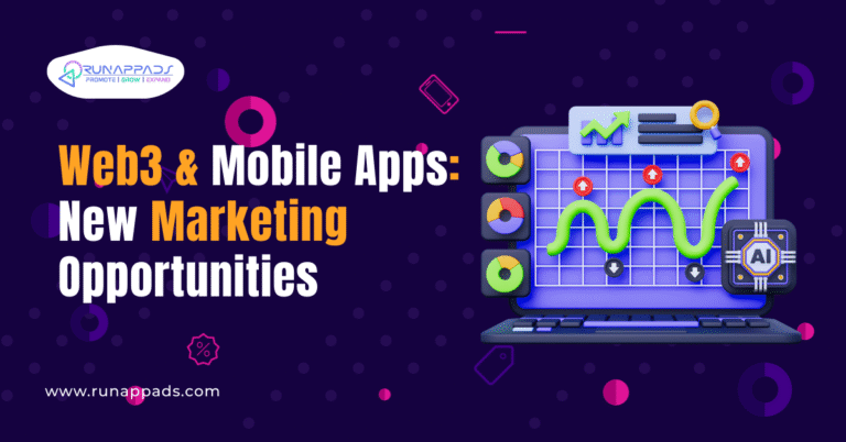 Web3 and mobile apps marketing illustration showing analytics dashboard, growth charts, and AI elements representing new decentralized marketing opportunities.